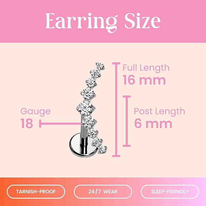 Cords Club Crystal Ear Climber Flat Back Stud – ASTM-F136 Implant Grade Titanium - Push Pin Design for Sensitive Ears (Single Earring)