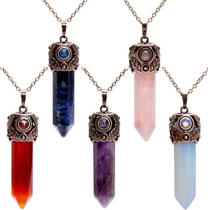 Bivei Retro Antique Brass Chakra Necklace Hexagonal Prism Gemstone Quartz Crystal Stone Healing Pendant (Pack of 5)
