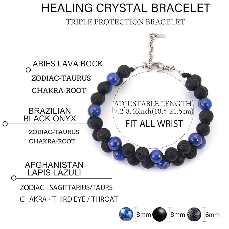 Mens Beaded Bracelets Handmade Gifts for Men, Genuine Triple Protection Men Stone Bracelet Lapis Lazuli Lava Onyx Beads Bracelet, Handcrafted 2Row Mens Masculine Beads Bracelest Father Gifts
