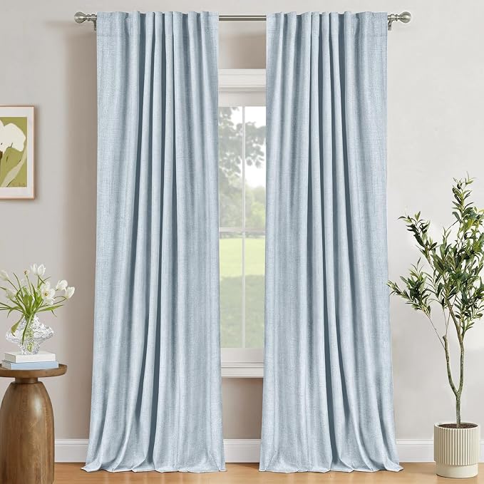 100% Blackout Shield Chambray Blue Linen Blackout Curtains for Bedroom 102 Inches Long, Back Tab/Rod Pocket Living Room Drapes, Thermal Insulated Blackout Curtains 2 Panels Set, 50" W x 102" L