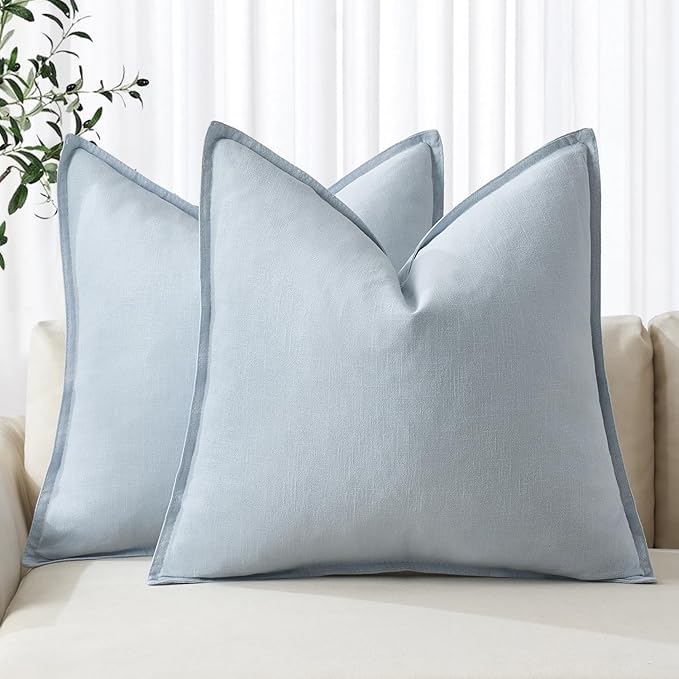 MIULEE Decorative Linen Euro Sham Pillow Covers 22x22 Inch Light Blue | Boho Farmhouse Neutral Couch Throw Pillows for Bed, Pack of 2 Accent Coastal Modern Pillowcases, Sofa Livingroom Home Decor