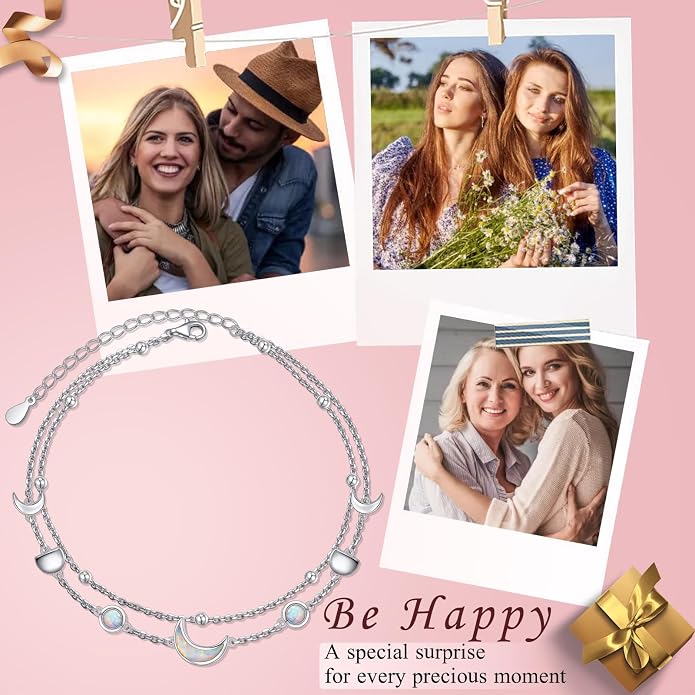 Flyow Anklet for Women S925 Sterling Silver Adjustable Foot Beaded Heart Charm Ankle Bracelet Anklets Jewelry