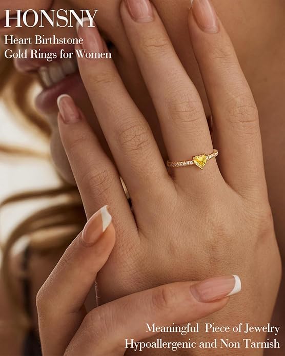 Honsny Heart Birthstone Gold Rings for Women Non Tarnish 14K Gold Plated Stackable CZ Gemstone Emerald Pinky Ring Dainty Engagement Promise Rings for Her Waterproof Jewelry Graduation Gifts Size 6-10