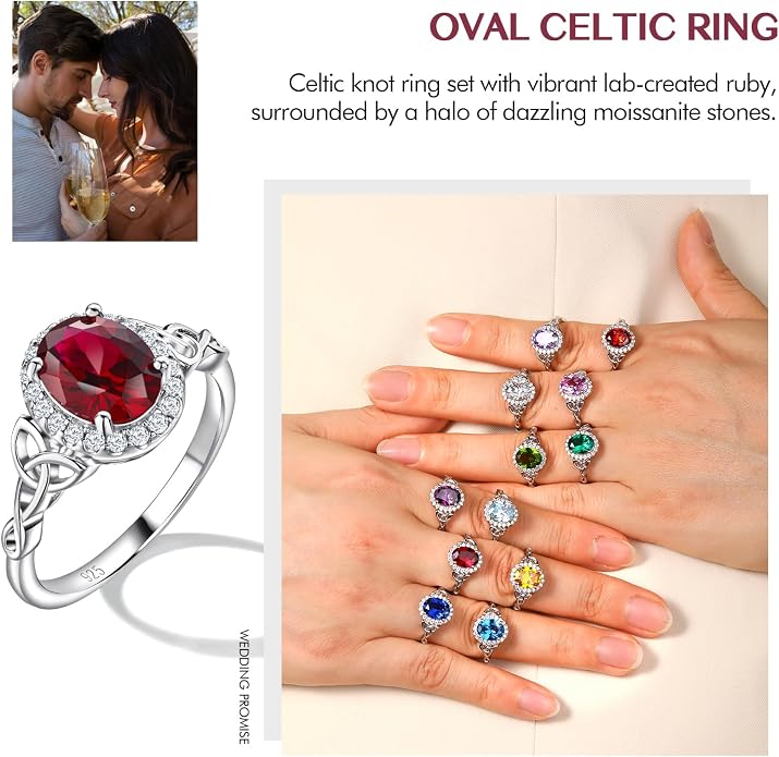 DAYBYDAY Celtic Birthstone Rings for Women 925 Sterling Silver Heart/Round/Pear/Oval Created Gemstone Moissanite Halo Engagement Promise Rings for Her Wife Birthday Anniversary Wedding Jewelry