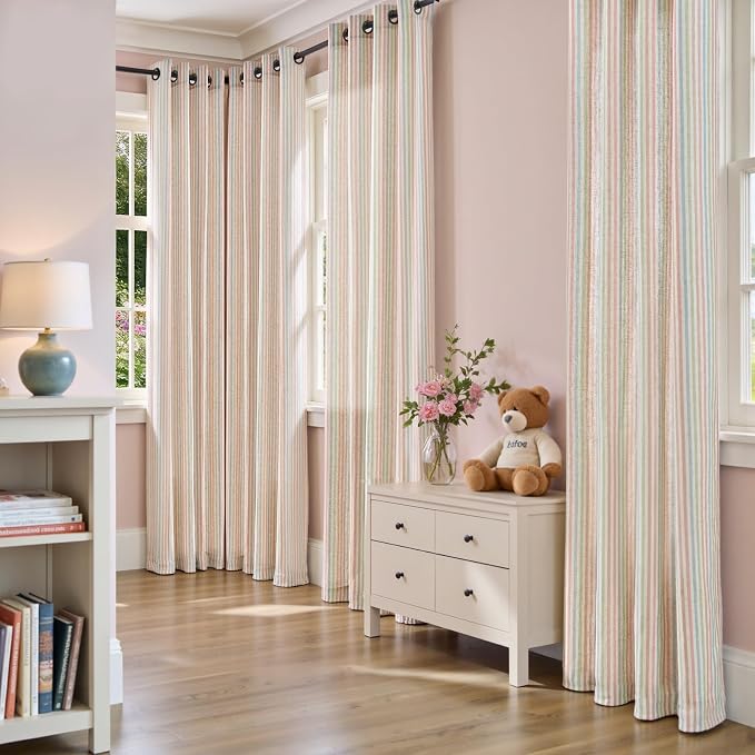 jinchan Linen Curtains 63 inch Candy Stripe for Kids Room Grommet 2 Panels | Kids Curtains for Living Room Baby Girls Room,Ticking Stripe,Nursery Drapes, Window Treatments,Cottagecore,Light Filtering