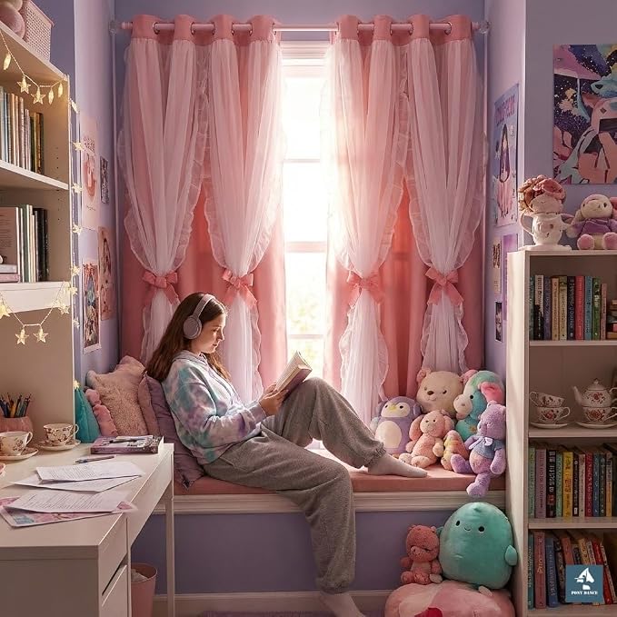 PONY DANCE Pink Blackout Curtains for Nursery, Double Layer Bow Curtains with Ruffle Sheer Overlay for Girls Bedroom, Cute Shabby Chic Kids Toddler Room Decor Drapes Coquette Style, 52x84 inch, 2 PCs