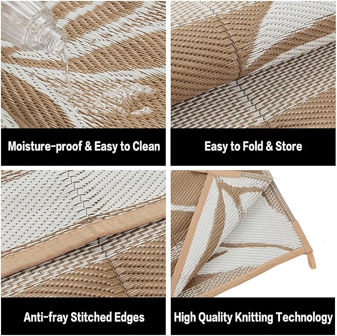 HUGEAR 8'x10' Outdoor Rug Waterproof Plastic Straw Rugs Large Brown Reversible Olive Leaf Mat Floor Carpet for Camping RV Deck Entryance Porch Picnic Balcony Beach Backyard