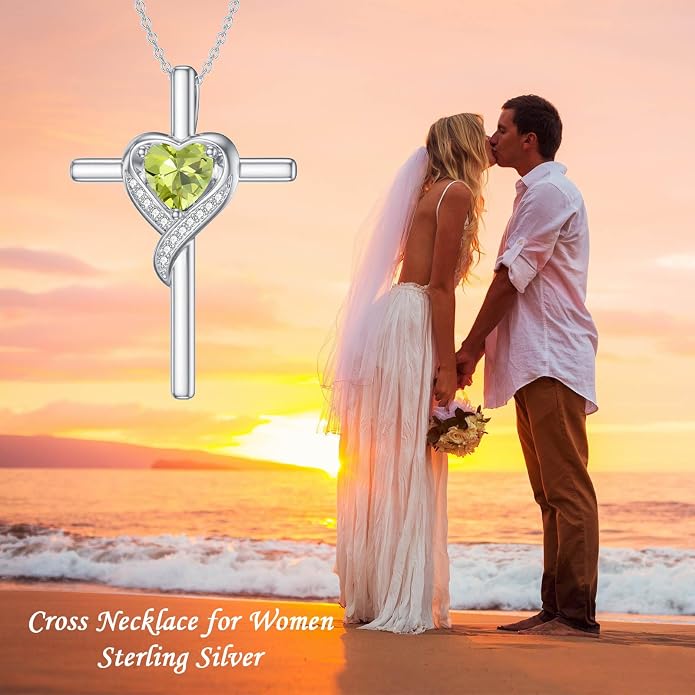 TOUPOP Birthstone Cross Necklace for Women 925 Sterling Silver Heart Cross Pendant Necklace Mothers Day Birthday Jewelry Gifts for Mom Wife Her