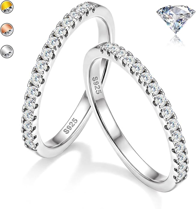 GEMQUEEN 2Pcs Moissanite Rings for Women : 18K White Gold Plated 925 Sterling Silver Engagement Ring Eternity Wedding Band Dainty Moissanite Stackable Jewelry Set D Color VVS1 Clarity Size 4-10