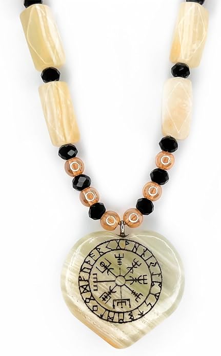 IA Handicraft Viking Necklace for Men & women pure onyx green stone Viking pendant Norse Viking Jewelry Gifts for him and her, viking compass Wooden box included