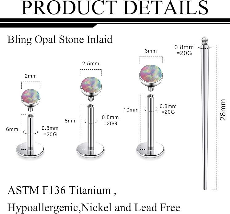 Ruifan Titanium Flat Back Lip Rings Externally Threaded Earrings Studs Nose Rings 20G 18G 16G Jeweled Round Opal Tragus Cartilage Lobe Rook Helix Conch Labret Medusa Piercing Jewelry for Women Men