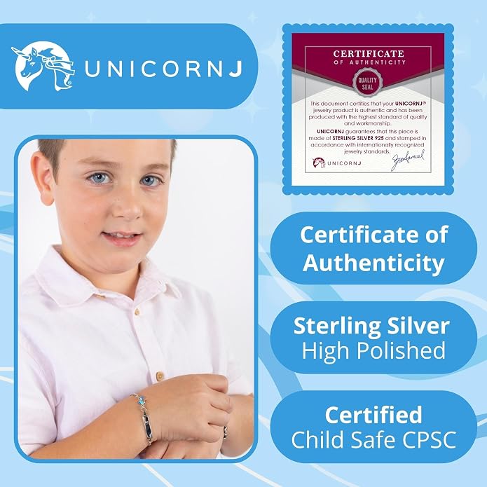 UNICORNJ 925 Italy Sterling Silver Child or Baby Name Bracelet Girls Boys, Personalized Engraved Kids ID Bracelets, 6.5" Figaro Chain, Enamel Charm Newborn Infant Toddler Kid Jewelry