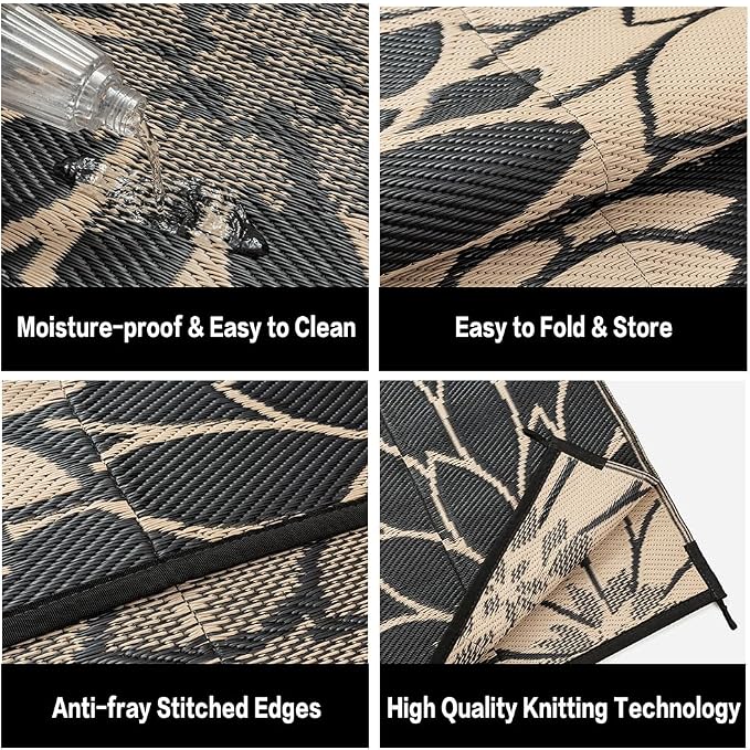 HUGEAR 9'x12' Outdoor Rug Waterproof Plastic Straw Rugs Large Brown Reversible Floral Mat Floor Carpet for Camping RV Deck Entryance Porch Picnic Balcony Beach Backyard