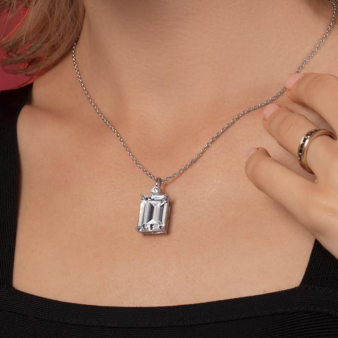 Gem Stone King 925 Sterling Silver Gemstone Birthstone Pendant Necklace for Women | Emerald Cut 10X8MM and Round 2MM | With 18 Inch Chain | Fine Jewelry for Her Mom Wife