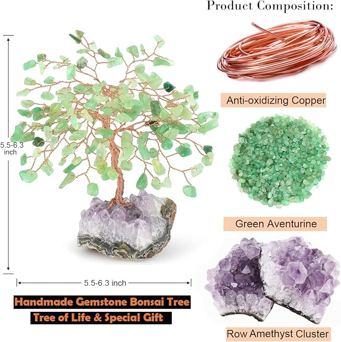 Gemstone Crystal Tree of Life,Natural Green Aventurine with Amethyst Cluster Base,Feng Shui Gift Bonsai Money Tree,Home Decor for Luck and Wealth 5.5"-6.3"