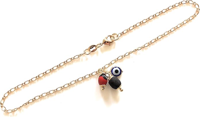 SIFRIMANIA Anklets for Women 18K Gold Plated Figaro Chain Jet Stone and Evil Eye Charm