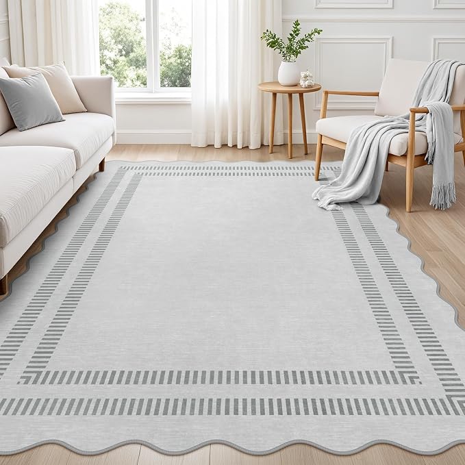 Washable Rug 5x7 Area Rugs for Living Room, Solid Grey Rug Non Slip Scalloped Carpet with Rubber Back, Soft Low Pile Rugs for Nursery Bedroom Dorm