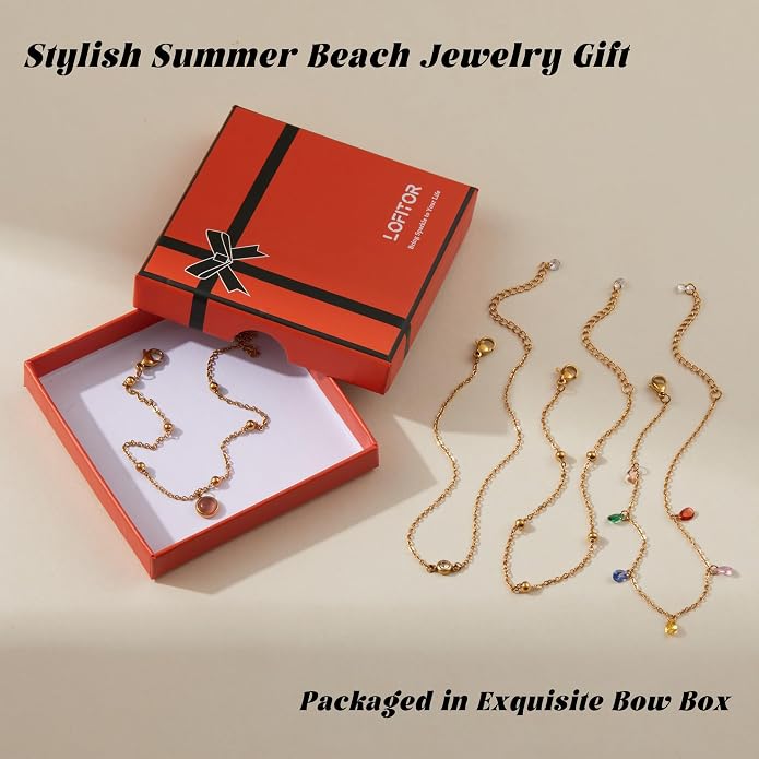 LOFITOR Ankle Bracelets for Women Glitter Waterproof Adjustable Anklet Set for Women 18K Gold Plated Silver Charm Dainty Layered Anklets, Summer Beach Anklet Jewelry for Women