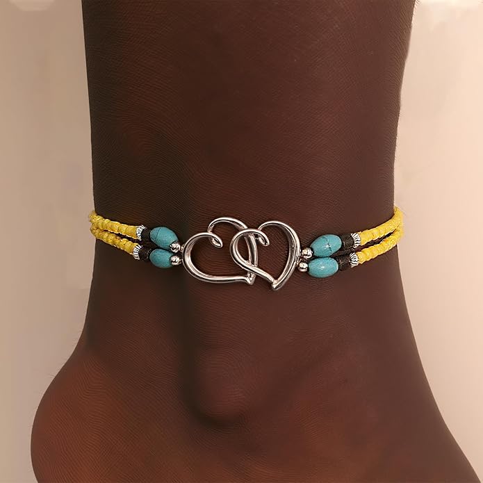 Elastic Beaded Ankle Bracelets for Women Double Heart Layered Stretch Ankle Bracelets Waterproof Dainty Boho Beaded Anklets for Summer Beach Foot Jewelry