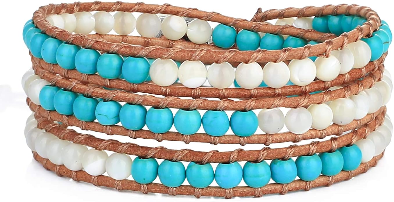 KELITCH Turquoise Beads Bracelets Leather 3 Wrap Bracelet Handmade Women Heart Jewelry
