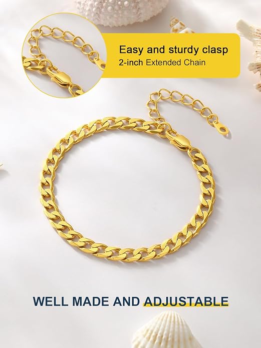 ChainsPro Resizable Anklet Chain for Women Men, Figaro/Wheat/Twist Rope/Cuban Foot Bracelet-Strong with Good Clasp-18K Gold Plated(Send Gift Box)