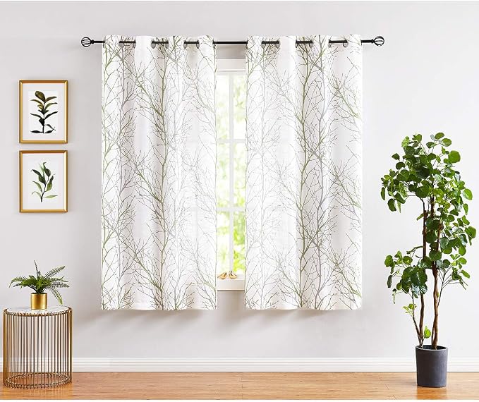 FMFUNCTEX Linen Sage Green White Semi Sheer Print Curtains 45 Inch 2 Panels | Short Sheer Branch Patterned Drapes, Light Filtering Grommet Panels for Kitchen, Bathroom, Cafe Windows and Farmhouse Curtain