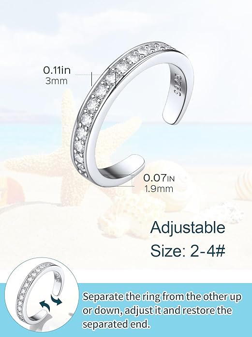 ChicSilver Toe Rings for Women 925 Sterling Silver Toe Ring Hypoallergenic Adjustable Open Rings for Women Summer Jewelry