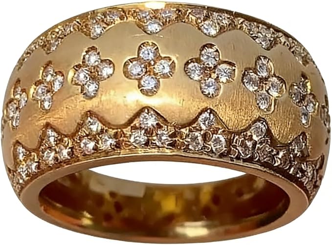18K Gold Italian Handcrafted Brushed Buccellati-Style Ring – Luxury Four-Leaf Clover Diamond-Cut Zirconia Ring for Women, Elegant Vintage Royal Jewelry Size 10