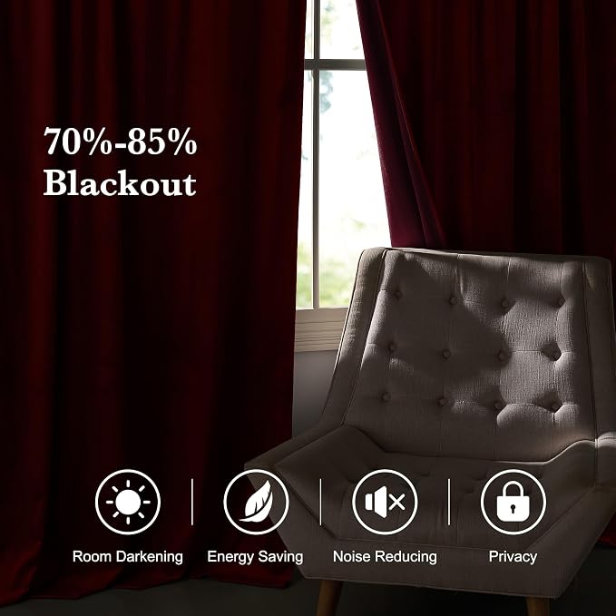 RYB HOME Burgundy Red Velvet Curtains for Christmas Decor, Soft Luxury Backdrops for Studio Theater, Back Tab Design for Bedroom Living Room, 42" W x L63 L, 2 Panels Set