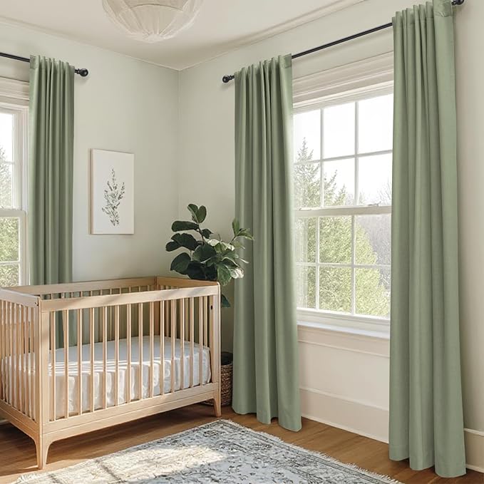 100% Blackout Shield Linen Blackout Curtains for Bedroom 84 Inches Long, Back Tab/Rod Pocket Living Room Drapes, Thermal Insulated Blackout Curtains 2 Panels Set, 50" W x 84" L, Sage