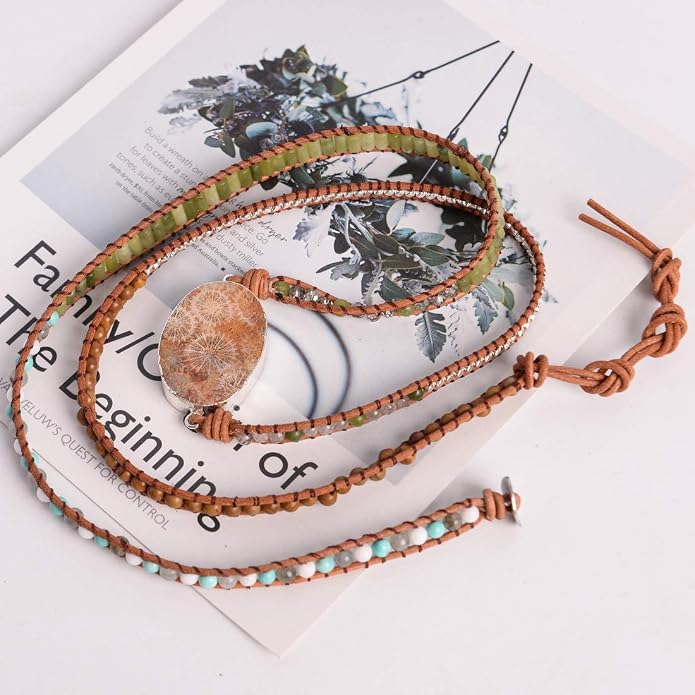 YGLINE Boho Handmade Wrap Leather Tube Crystal Stone Bracelet for Women