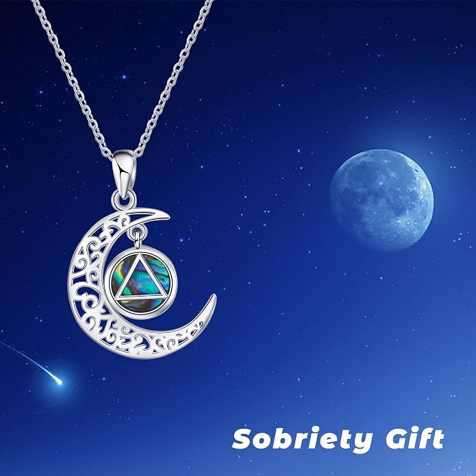 Sobriety Alcoholics Anonymous Necklace Sterling Silver AA Thors Hammer/Moon Pendant Recovery Symbol Jewelry for Women Her