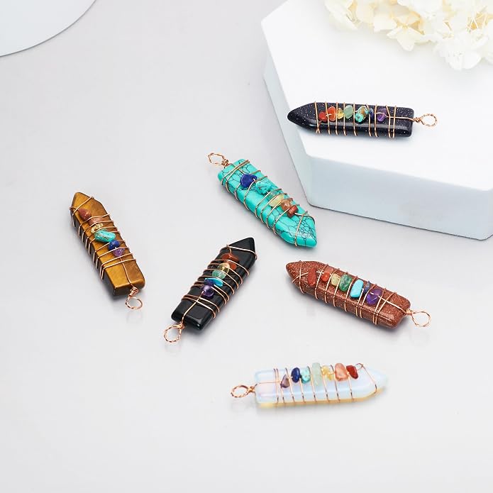 6 Pieces Natural Raw Crystal Point Pendant Reiki 7 Chakra Healing Quartz Gemstone Chips Rose Gold Copper Wires Wrapped Charms for Jewelry Making Necklace