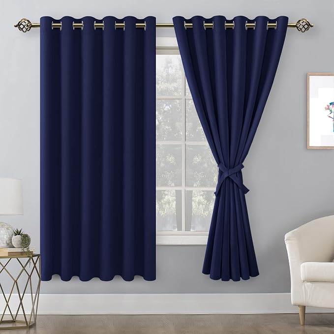Hiasan Grommet Blackout Curtains for Bedroom, 70 x 63 Inches - Thermal Insulated & Light Blocking Window Drapes for Living Room/Dorm Room, Set of 2 Panels Sewn with Tiebacks, Navy Blue
