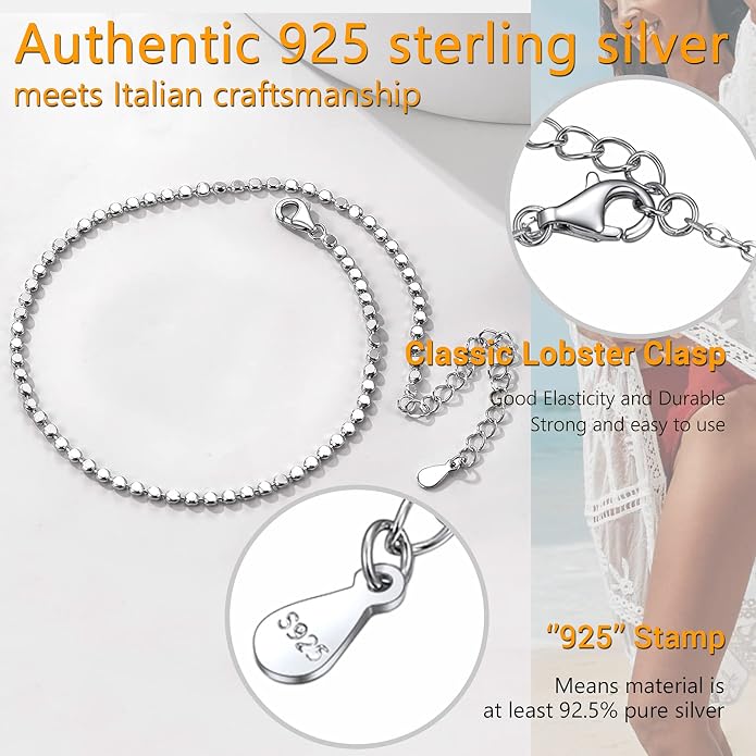 PROSILVER 925 Sterling Silver Ankle Bracelets For Women, Stylish Chain Anklets, Summer Beach Jewelry, 8.6-10.6 Inch Adjustable, Come with Box