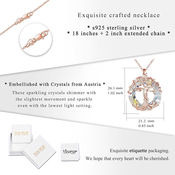 TOUPOP Tree of Life Necklace Gifts for Women 925 Sterling Silver Family Tree Pendant with Crystal Birthday Irish Jewelry Gifts for Women Her Wife Mom