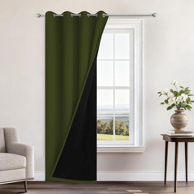 Yakamok Olive Green 100% Blackout Curtains 84 Inches Long 52" Wide 1 Panel | Blackout Curtain Panels for Bedroom, 2 Thick Layers Grommet Top Thermal Insulated Drapes with Black Liner for Living Room