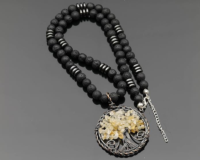 ElisaJewelryArt - Natural Labradorite Big Tree Of Life Black Lava Stone Beaded Necklace Genuine Gemstone Energy Stone Clasp Closure Necklace Unisex Necklace
