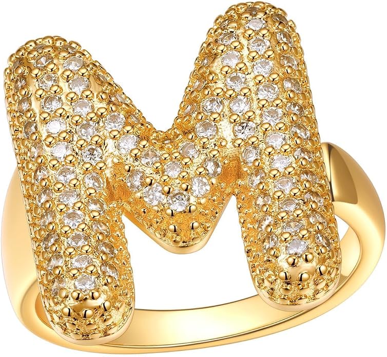 FindChic Initial Ring for Women, Gold Plated Chunky Letter Rings Open Adjustable Trendy Sparkling Cubic Zirconia Personalized Statement Rings Jewelry Gift