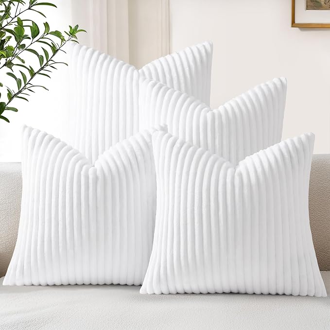 decorUhome Flannel White Throw Pillow Covers 18X18 Set of 4 | Decorative Fall Soft Fluffy Striped Double-Sided Couch Pillow Covers, Modern Farmhouse Pillow Cases for Sofa bed Home Decor
