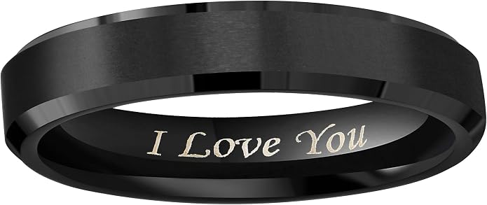 Crownal 4mm 6mm 8mm Black/Silver/Gunmetal/Gold Tungsten Wedding Couple Bands Rings Men Women Matte Brushed Finish Center Engraved "I Love You" Size 4 To 17