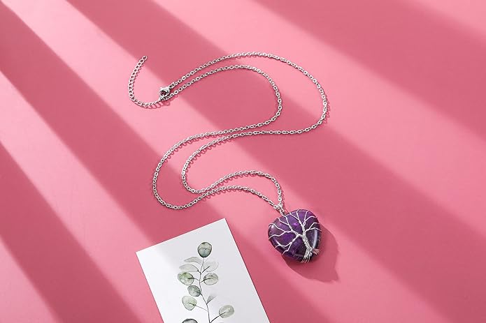 Top Plaza Natural Rose Quartz Healing Crytal Necklace Silver Life Tree Wire Wrapped Heart Shape Stone Pendant for Womens Girls Ladies