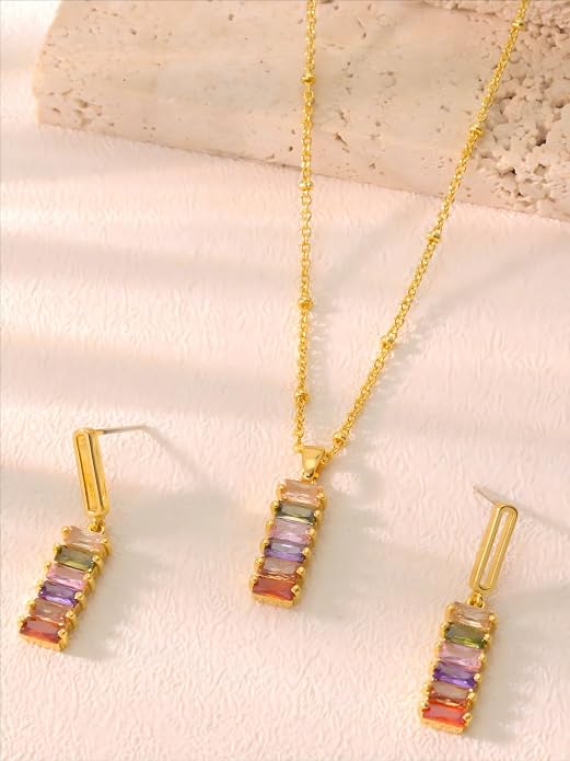 Rainbow Bar Pendant Necklace, Dainty Geometric 18K Gold Plated Colorful Zircon Necklace, Aurora-Inspired Jewelry for Women, Ideal Gift for Birthday Anniversary Holiday