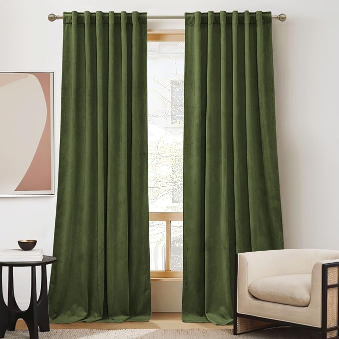 RYB HOME Olive Green Velvet Curtains 96 inches - Blackout Curtains for Living Room, Thermal Insulated Noise Reducing Panels Soft Luxury Window Decor for Kids Bedroom, 2 Panels