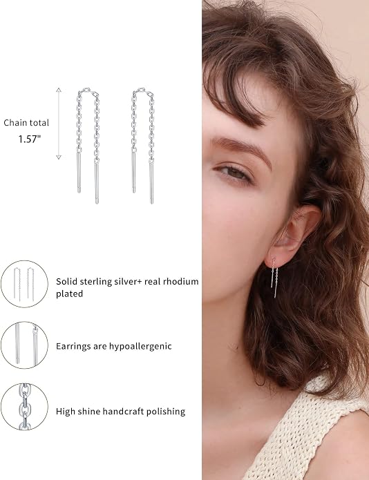 S.Leaf S925 Sterling Silver Threader Chain Earrings 18K Gold Plated Cubic Zirconia Dainty Dangle Double Piercing Long Drop Dangly Pull Through Tassel Chain Earrings Gifts for Women