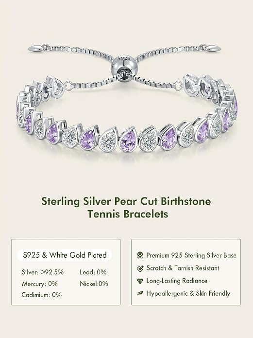 Birthstone Tennis Bracelet for Women 925 Sterling Silver Pear Shaped Gemstone Inlaid White Gold Plated Adjustable Chain Gifts for Mom Wife
