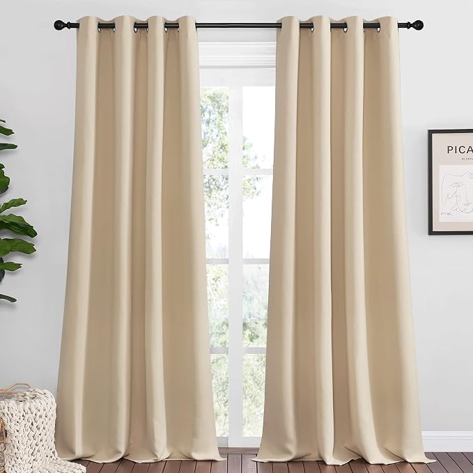 NICETOWN Bedroom Blackout Curtains Panels, 1 Pair, 55 inches by 92 Inch, Biscotti Beige, Triple Weave Energy Saving Thermal Insulated Solid Grommet Blackout Draperies for Patio
