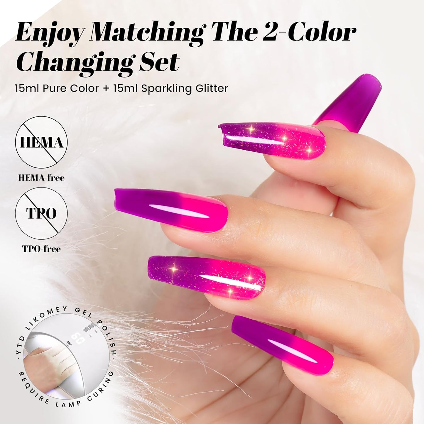 YTD Likomey Color Changing Gel Nail Polish 2 Pcs Set,15ml Hot Pink To Purple Pure Color and Brocade Glitter Nails Gel Kit,Thermal Ombre Change Colors Salon Manicure Fall Winter UV Varnish,WB2-4