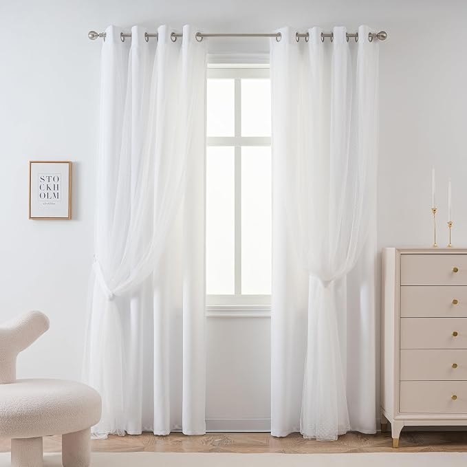 MYSKY HOME White Curtains for Girls Bedroom & Nursery Kids Cute Short Curtains for Small Windows 54 Inch Long Double Layer with Polka Dots Sheer, Grommet Tops, 52" Wide Each Panel, 2 Panels
