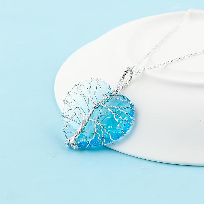 Silver Plated Wire Wrapped Pendant Necklace, Sea Glass Stones, Handmade Jewelry, Healing Crystals, Hammered Pendant, Birthday Gift for Women, Adjustable Chain 16+2inch